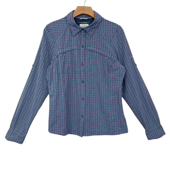 Columbia Shirt Womens Large Purple Checks Roll Tab Sleeve Breathable Outdoor - Picture 1 of 12